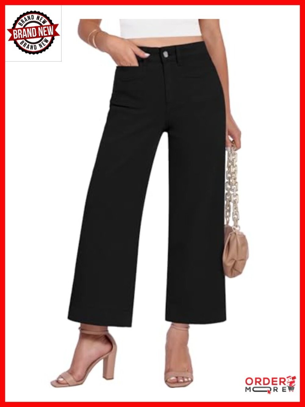 Wide Leg High Waisted Cropped Stretch Denim Jeans 27" Inseam